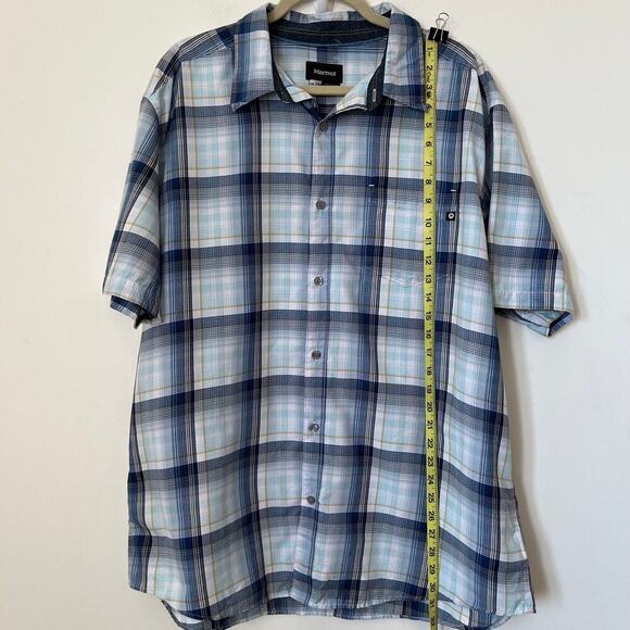 Marmot Mens XXL Blue Plaid Short Sleeve Button Up Shirt Lightweight Spring Navy - Picture 6 of 9